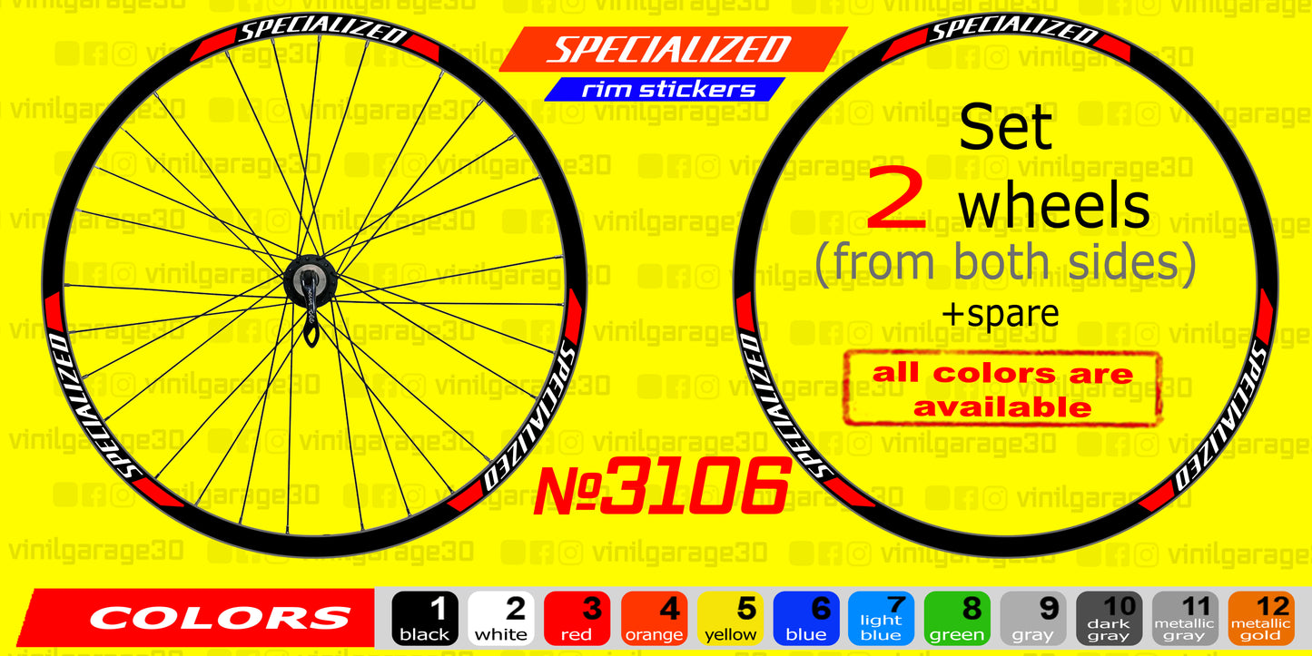 SPECIALIZED set of stickers on the bicycle rim. All colors are available