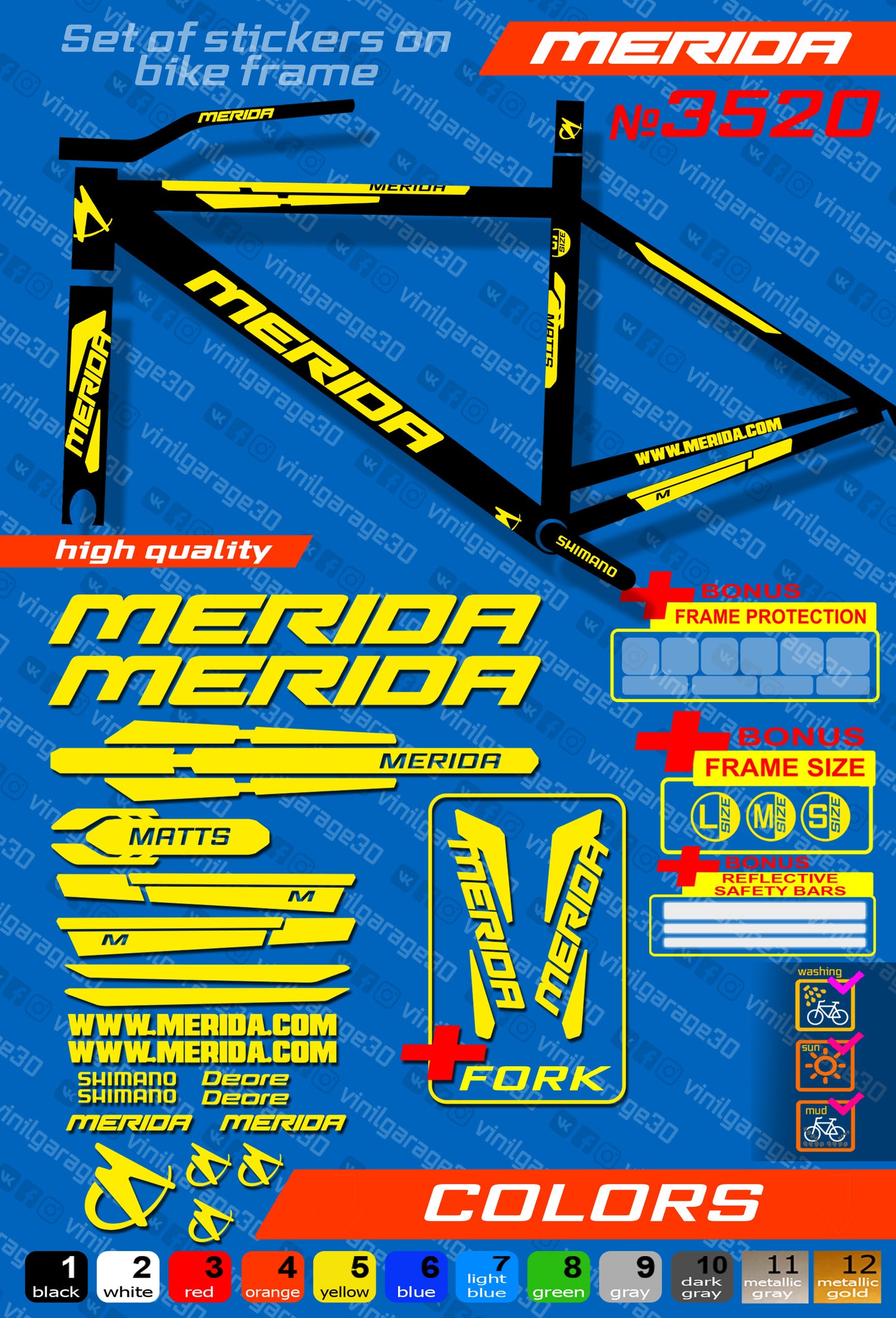 MERIDA bike stickers set +fork.  All colors are available