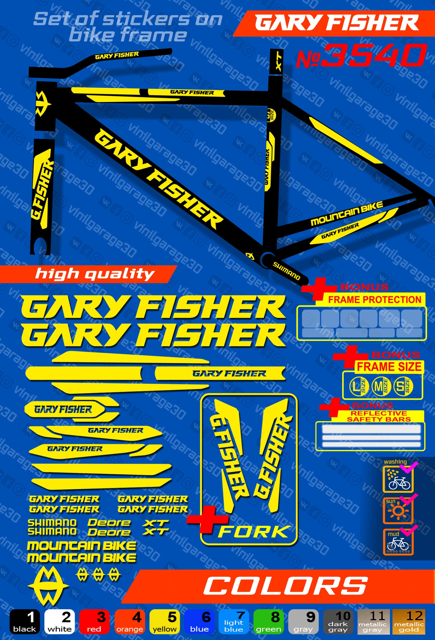 GARY FISHER bike stickers set +fork.  All colors are available