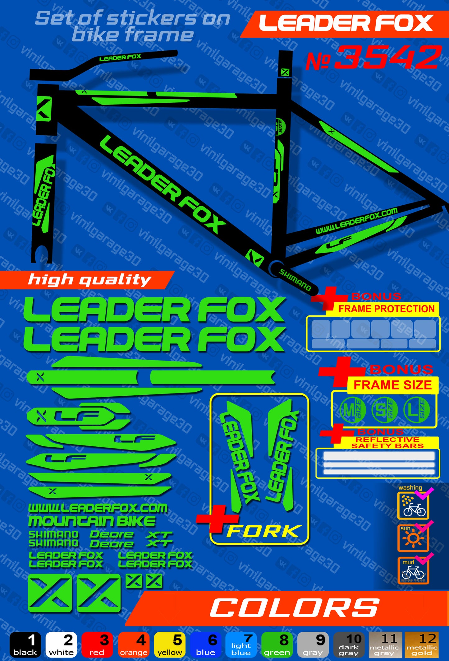 LEADER FOX bike stickers set +fork.  All colors are available