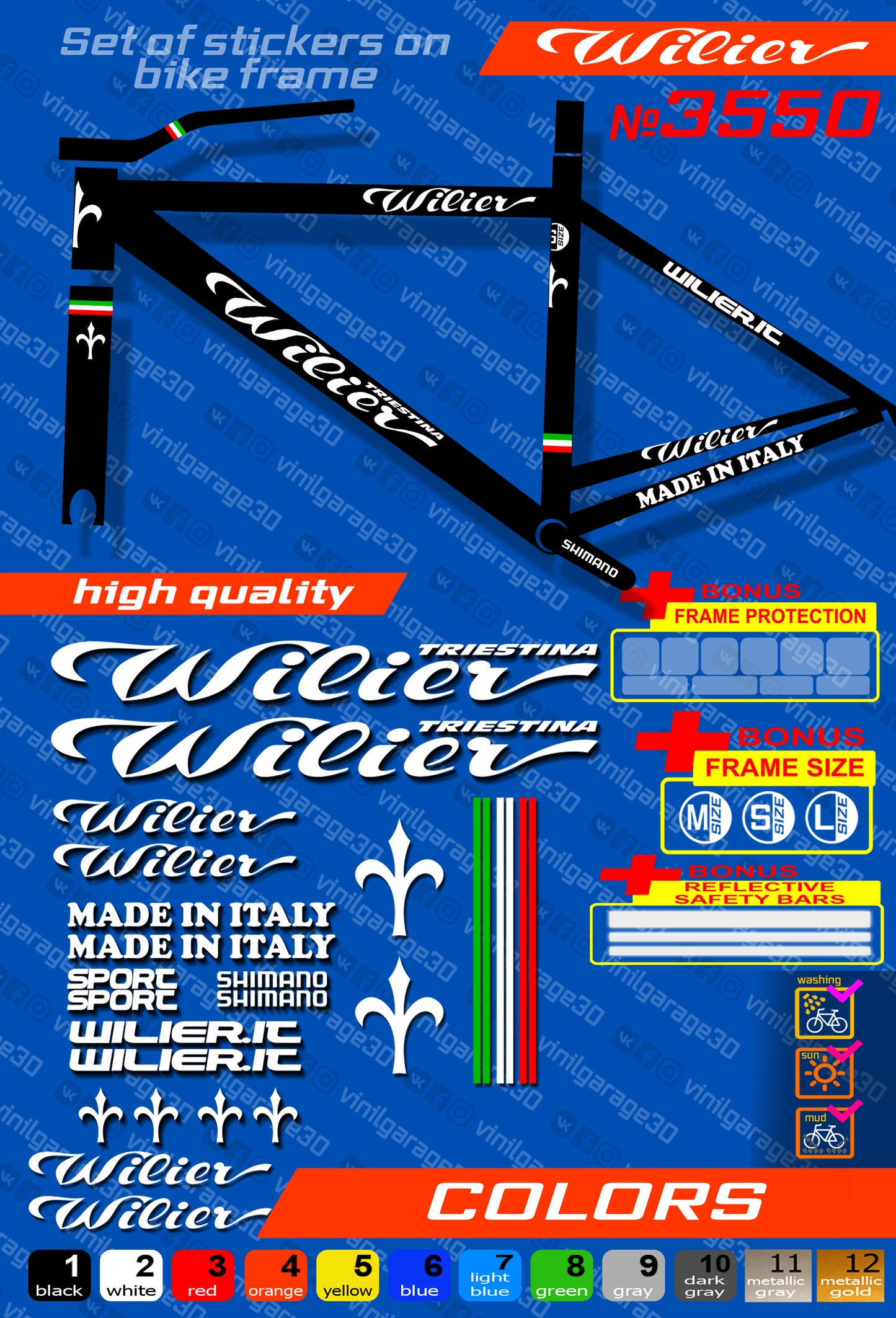 wilier bike stickers set +fork.  All colors are available