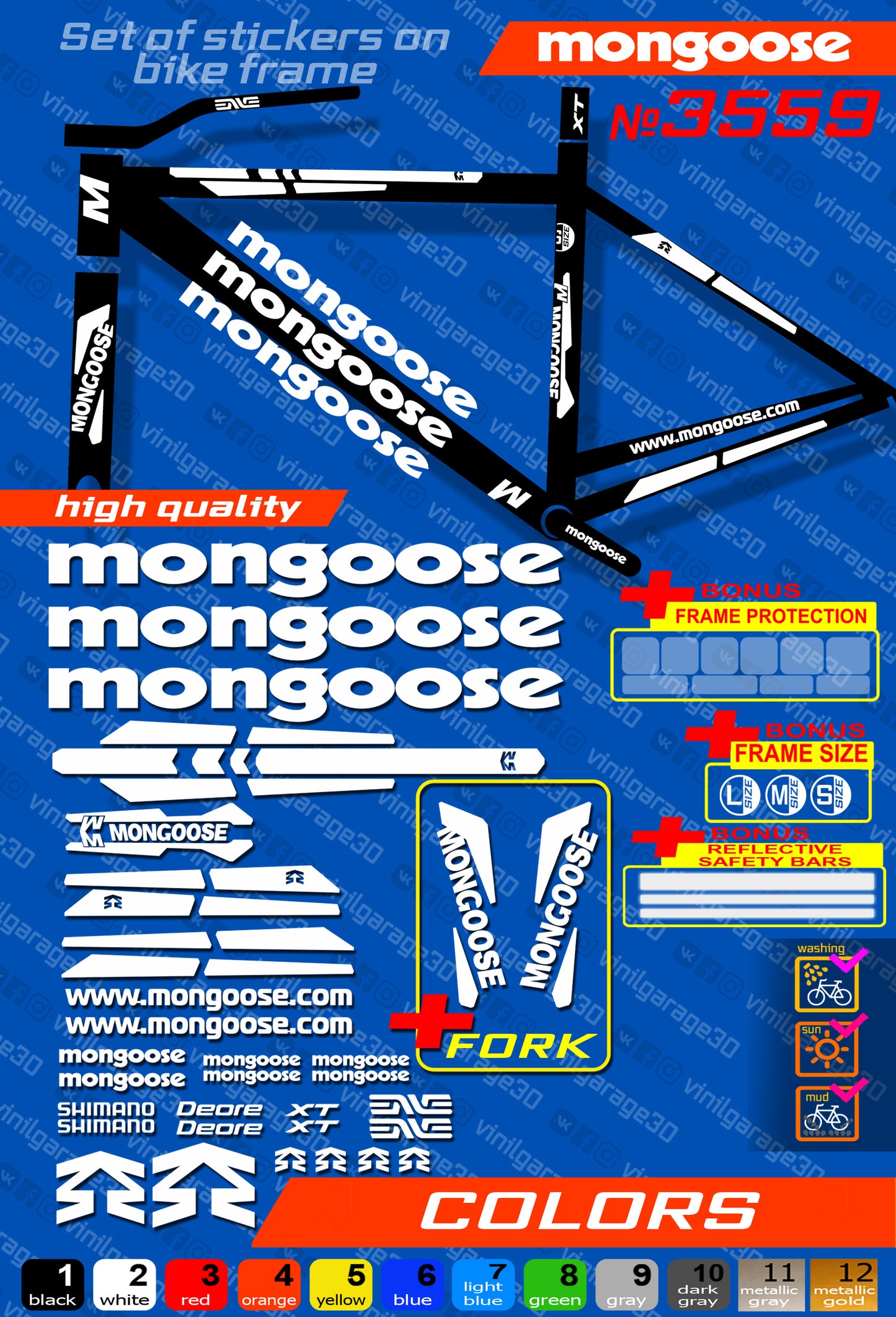 MONGOOSE bike stickers set +fork.  All colors are available