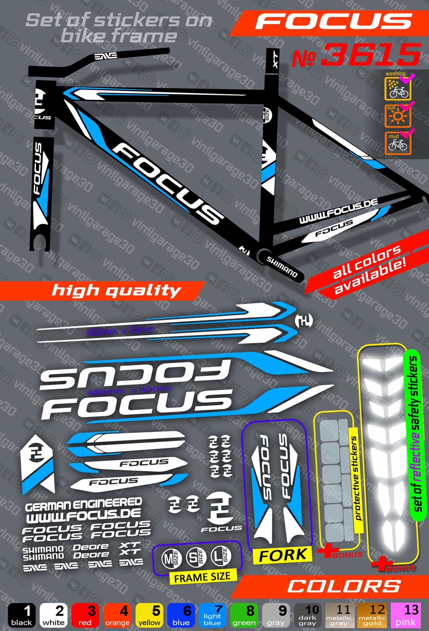 FOCUS bicycle stickers set +fork.  All colors are available