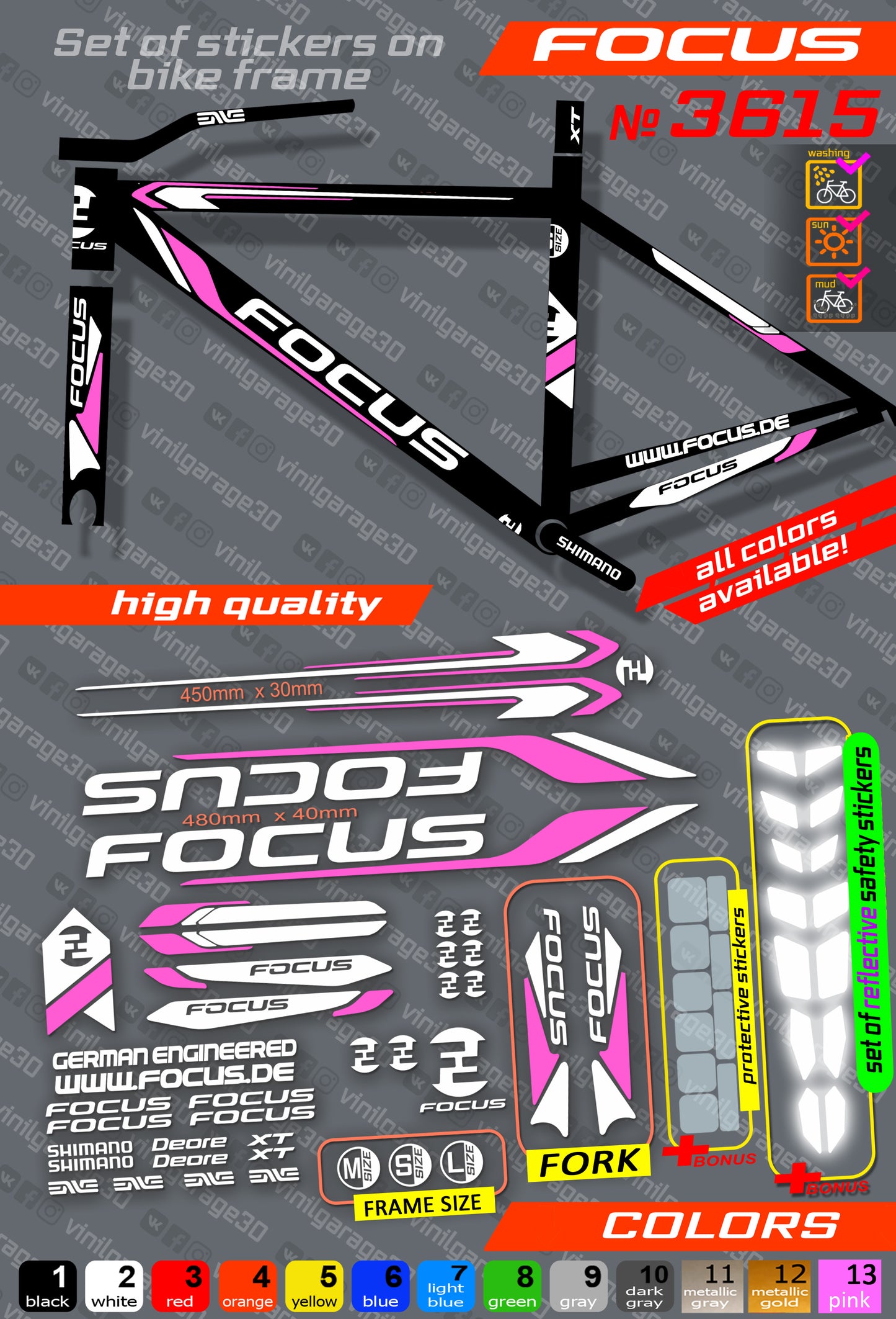 FOCUS bicycle stickers set +fork.  All colors are available