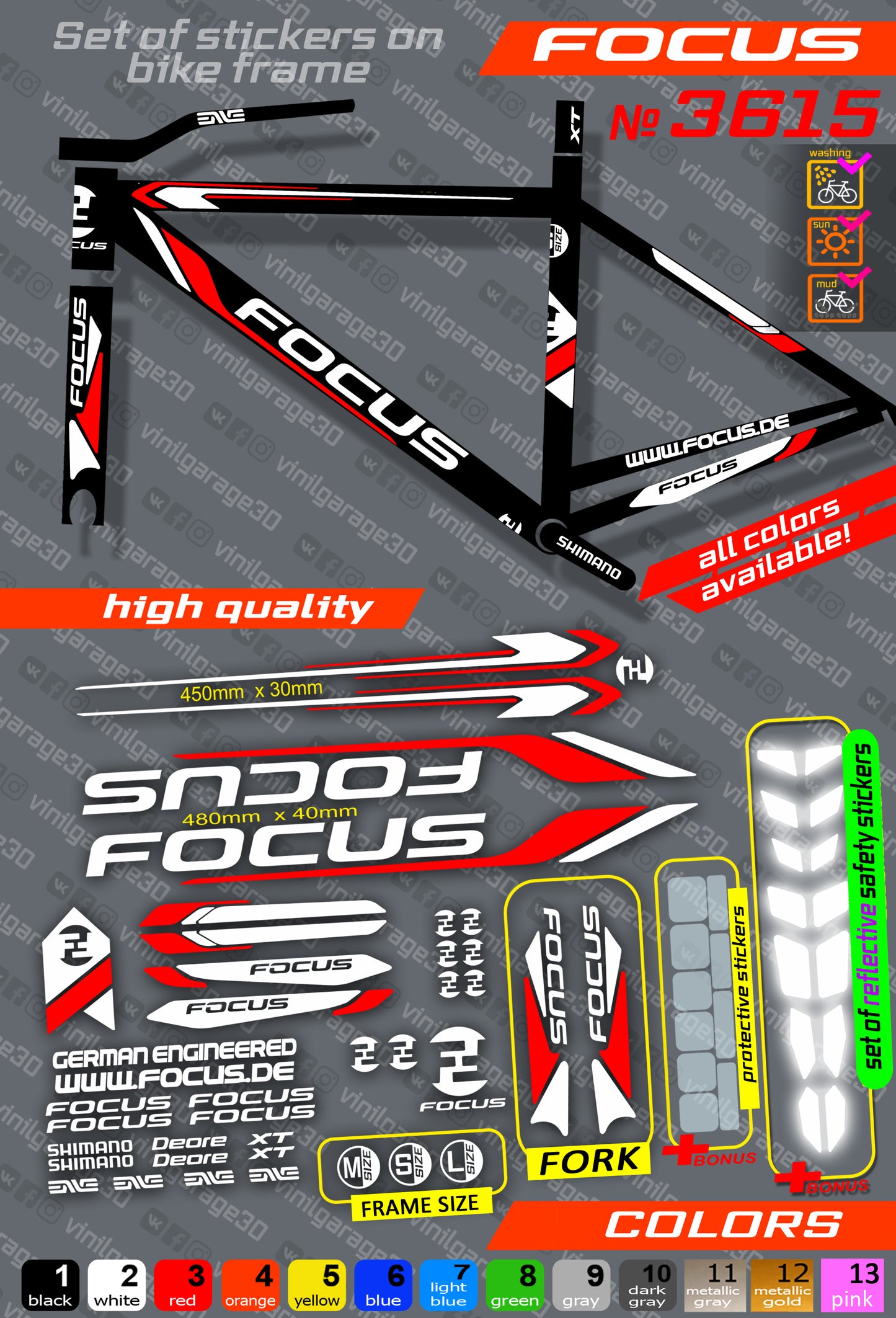 FOCUS bicycle stickers set +fork.  All colors are available