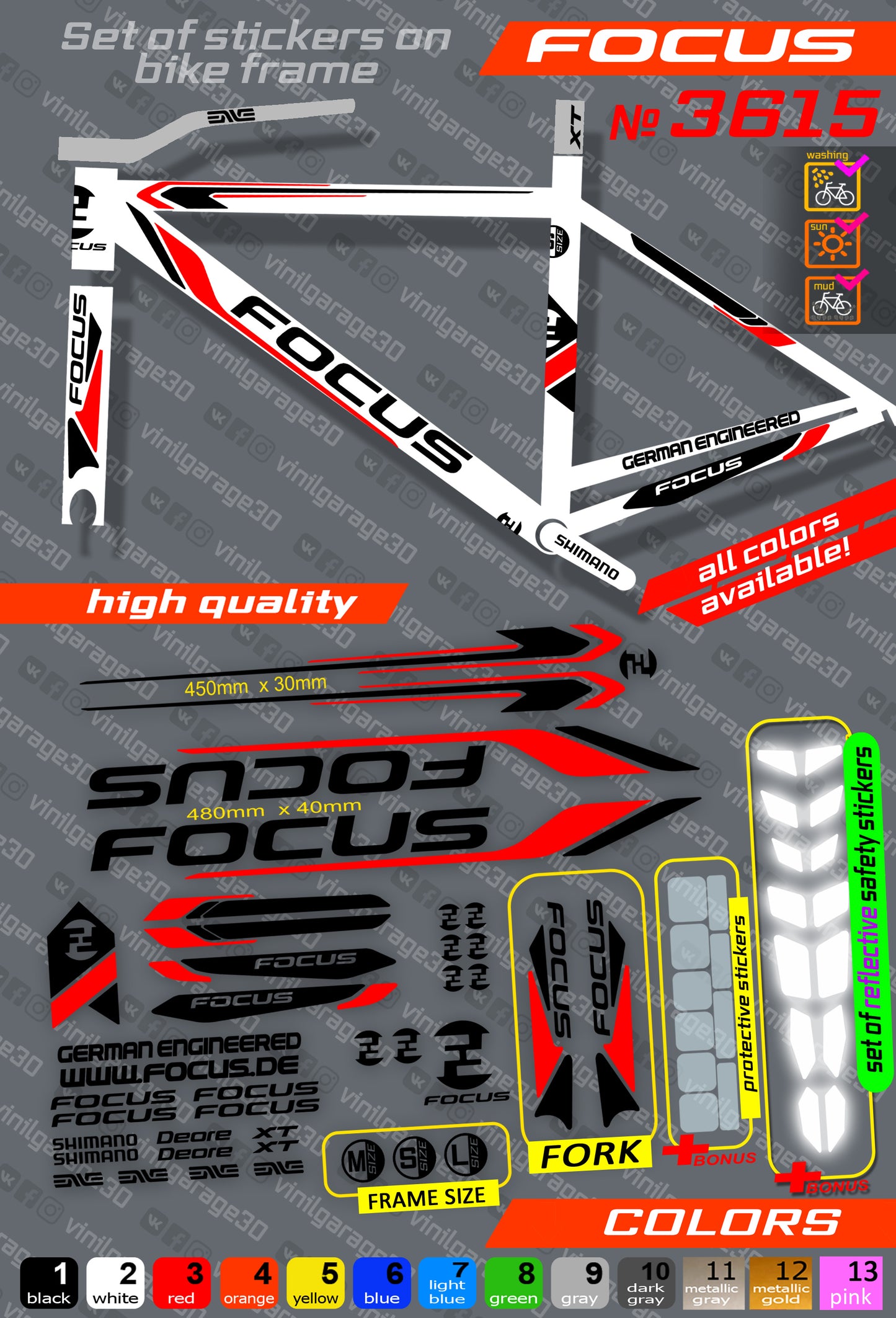 FOCUS bicycle stickers set +fork.  All colors are available