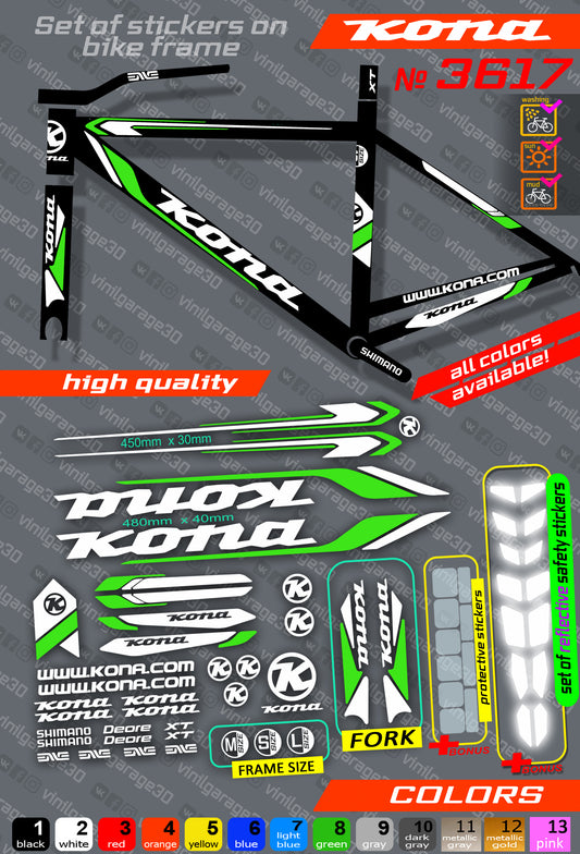 KONA bicycle stickers set +fork.  All colors are available