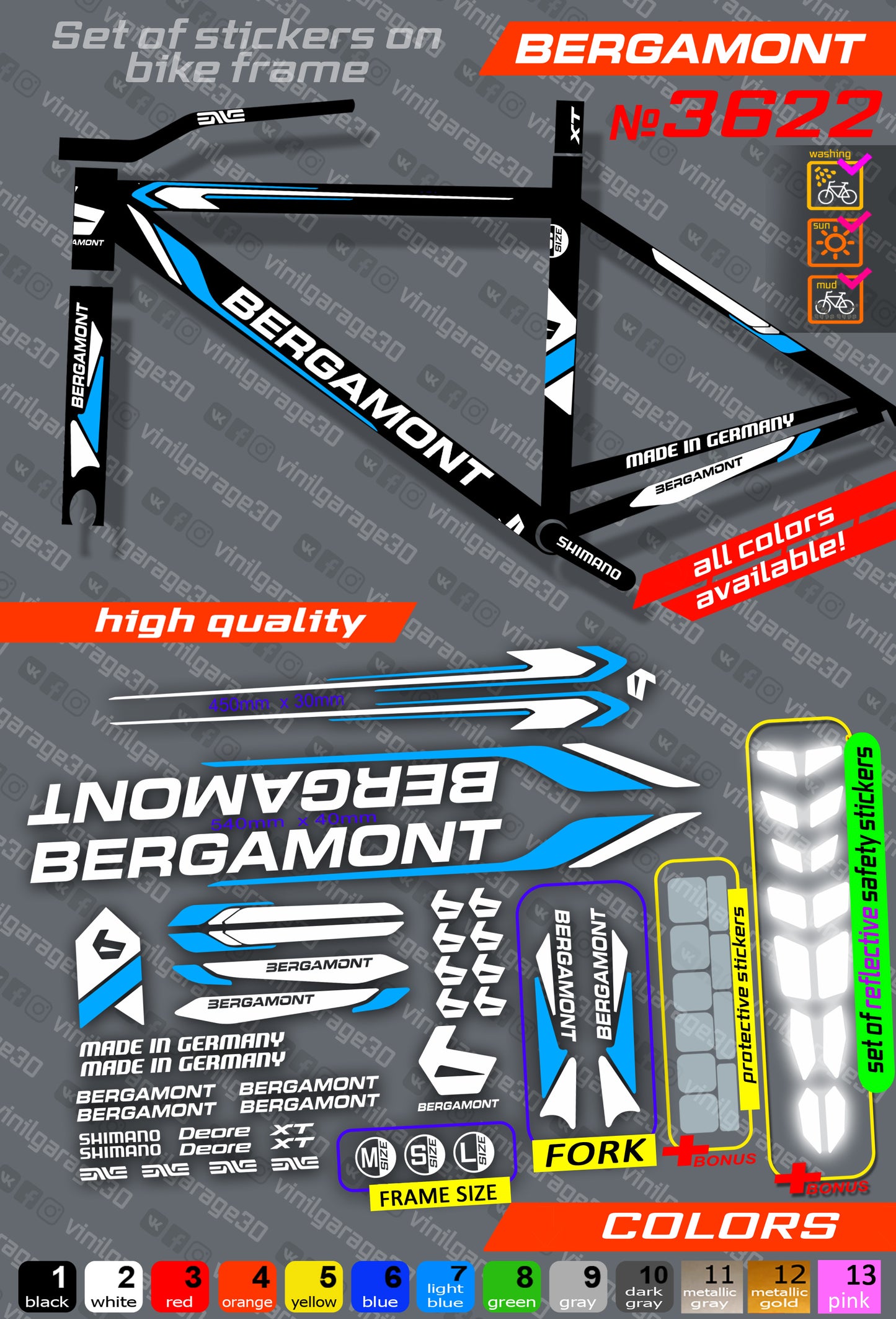 BERGAMONT bicycle stickers set +fork.  All colors are available