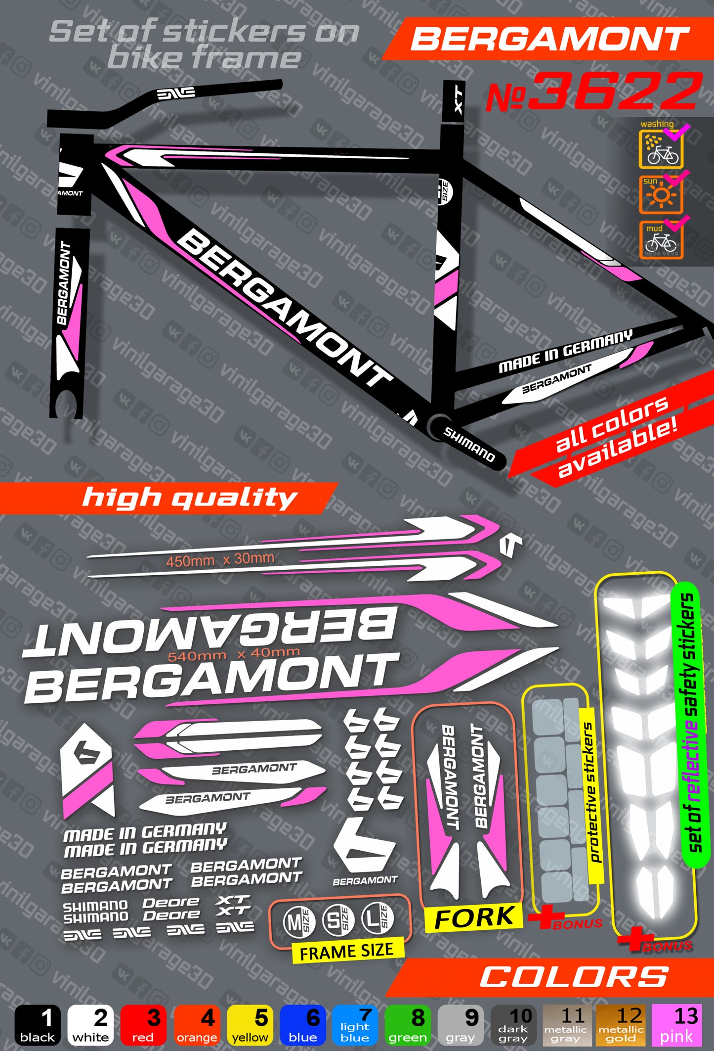 BERGAMONT bicycle stickers set +fork.  All colors are available