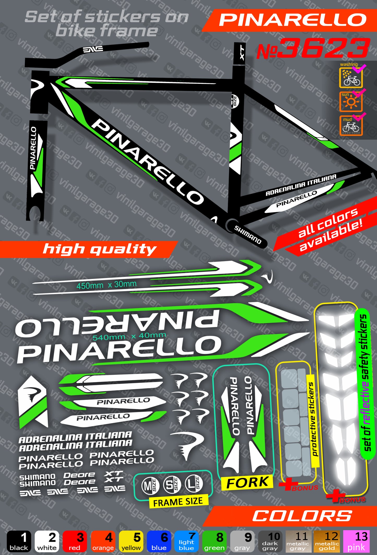 PINARELLO bicycle stickers set +fork.  All colors are available