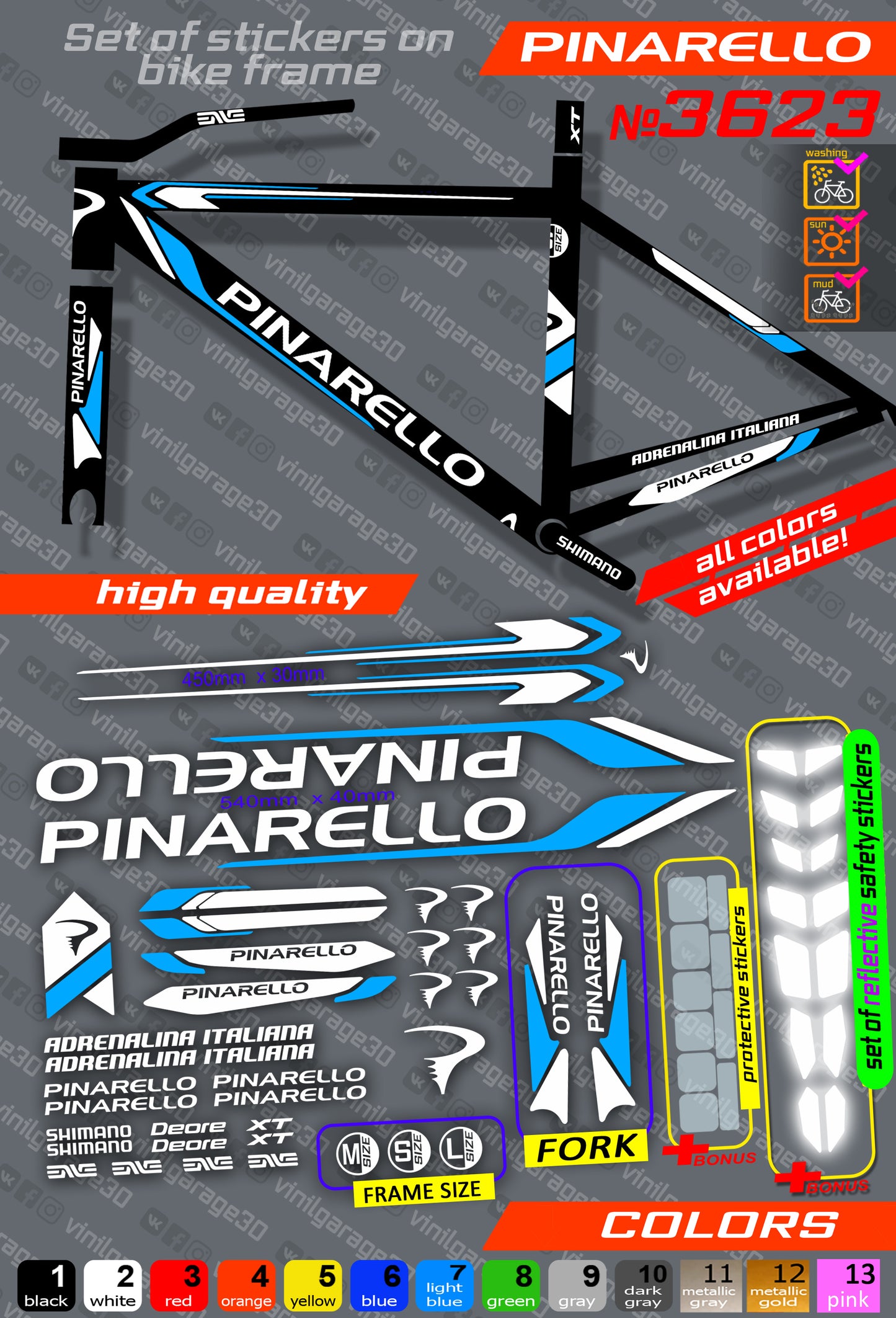 PINARELLO bicycle stickers set +fork.  All colors are available