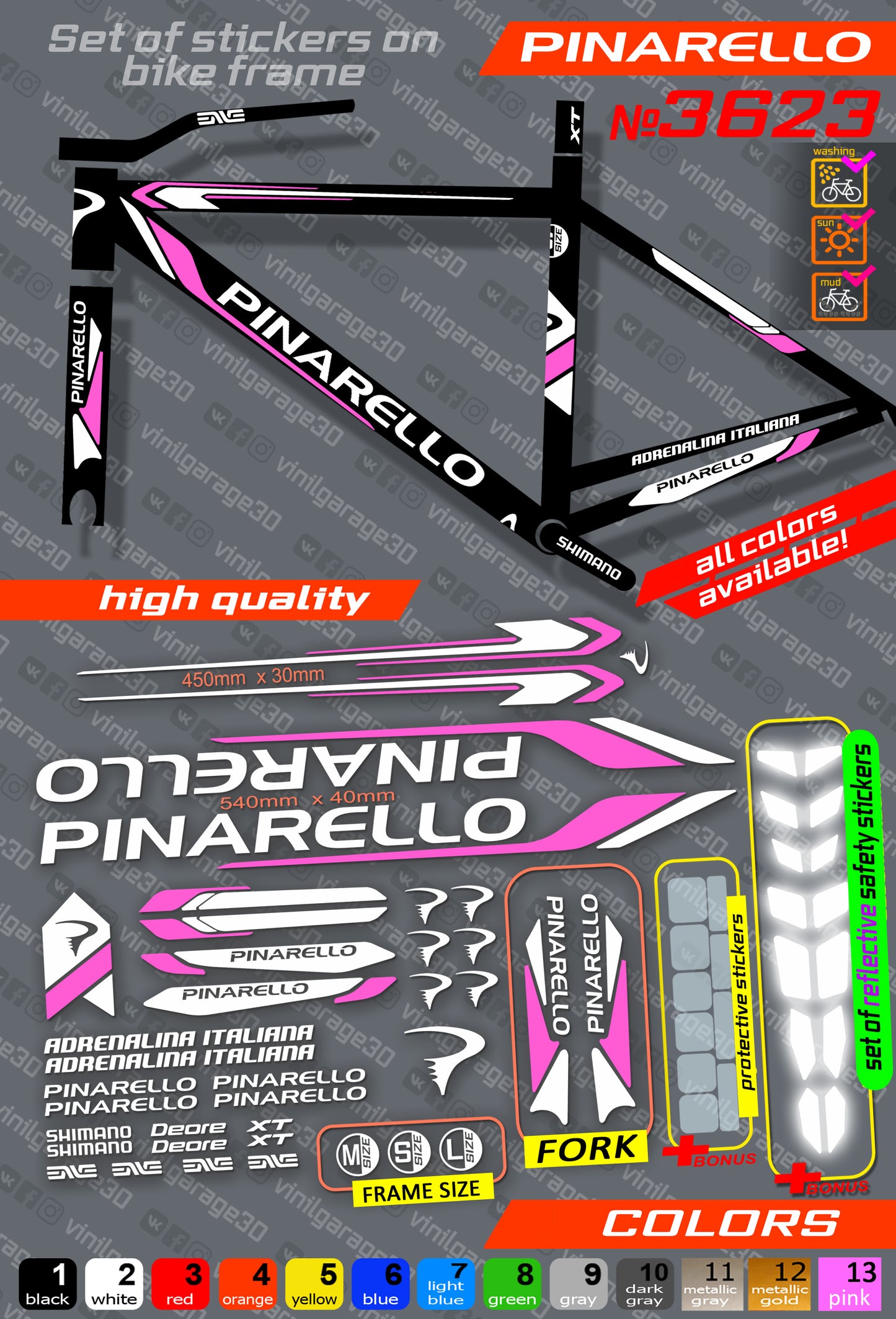 PINARELLO bicycle stickers set +fork.  All colors are available