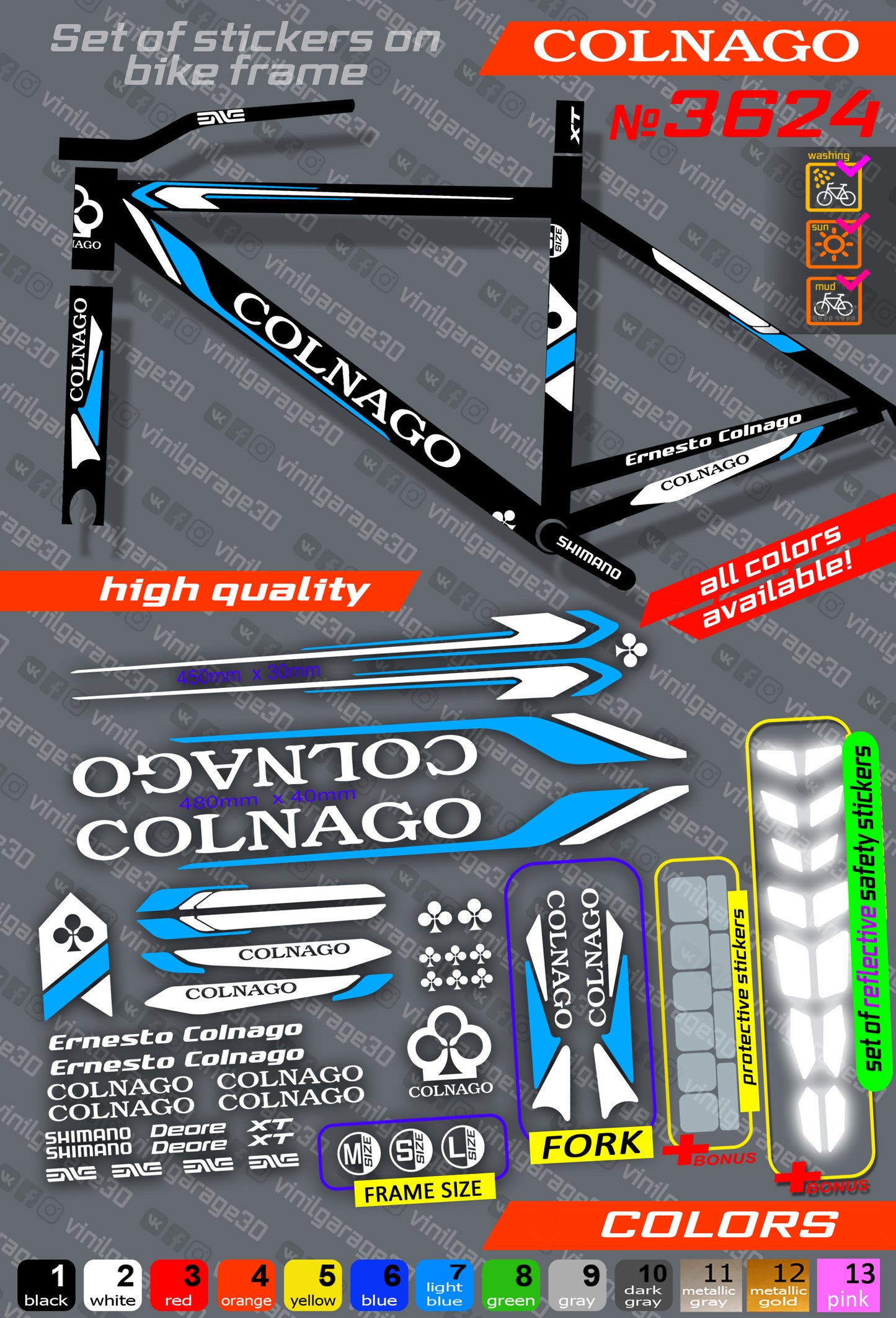 COLNAGO bicycle stickers set +fork.  All colors are available