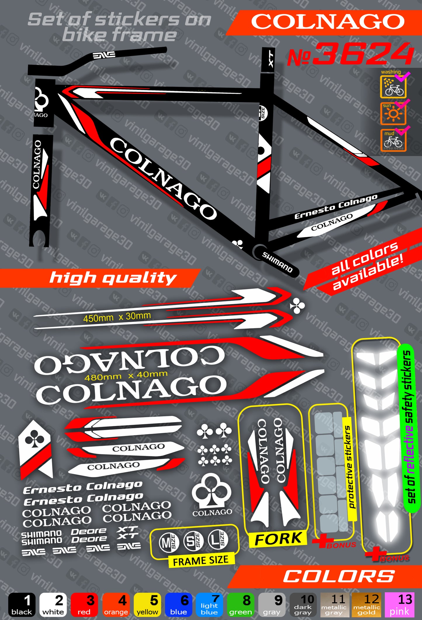 COLNAGO bicycle stickers set +fork.  All colors are available