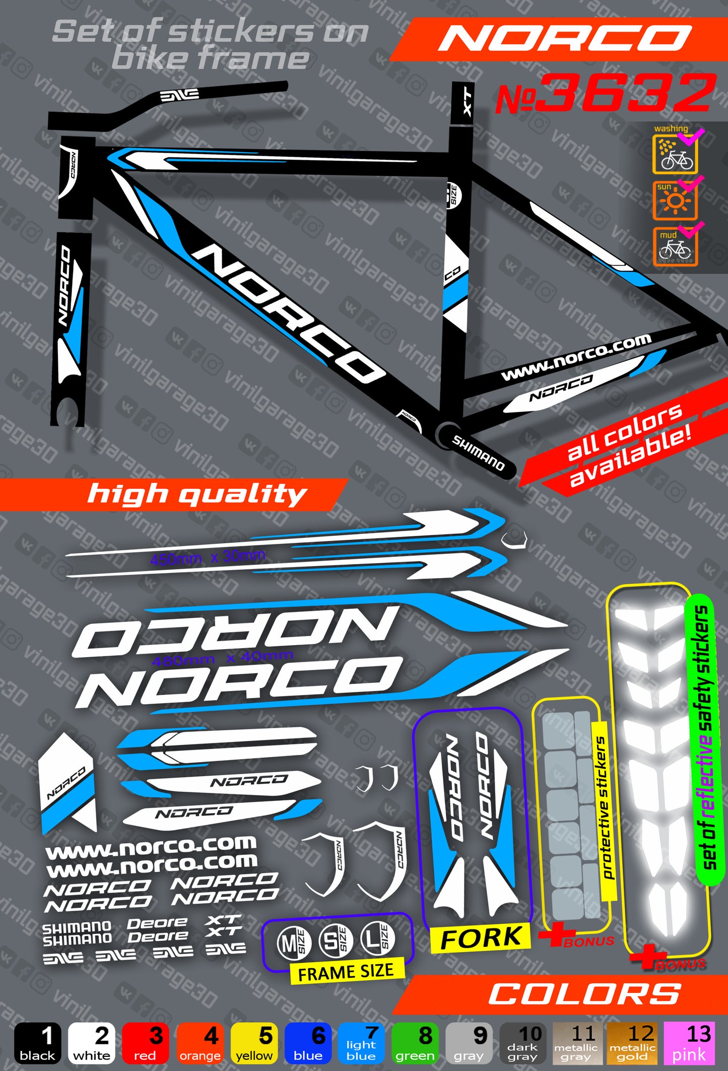 NORCO bicycle stickers set +fork.  All colors are available