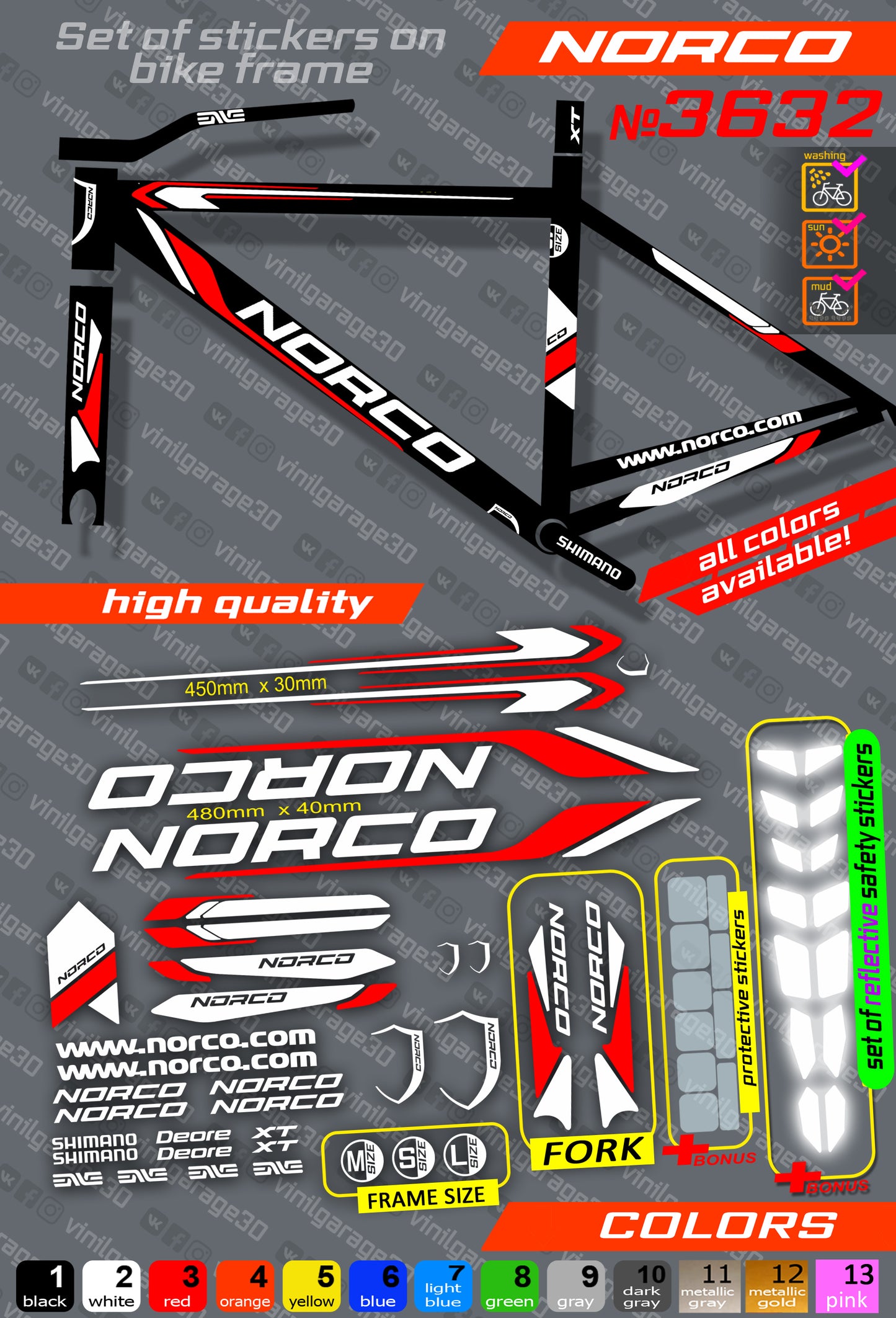 NORCO bicycle stickers set +fork.  All colors are available