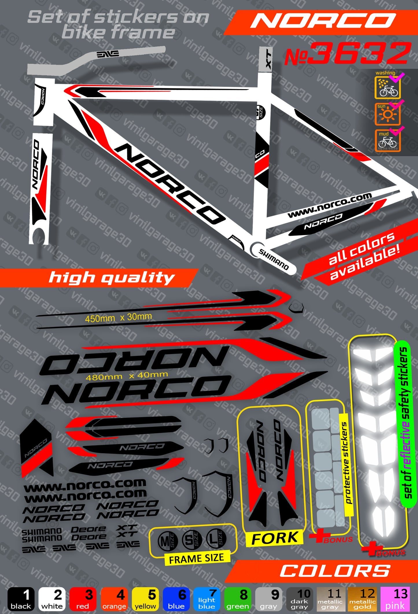 NORCO bicycle stickers set +fork.  All colors are available