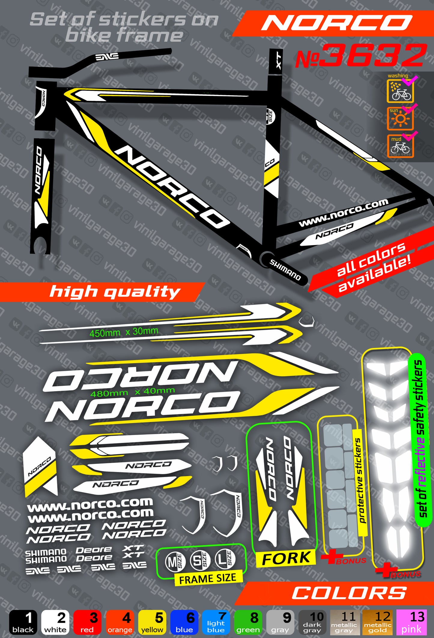 NORCO bicycle stickers set +fork.  All colors are available