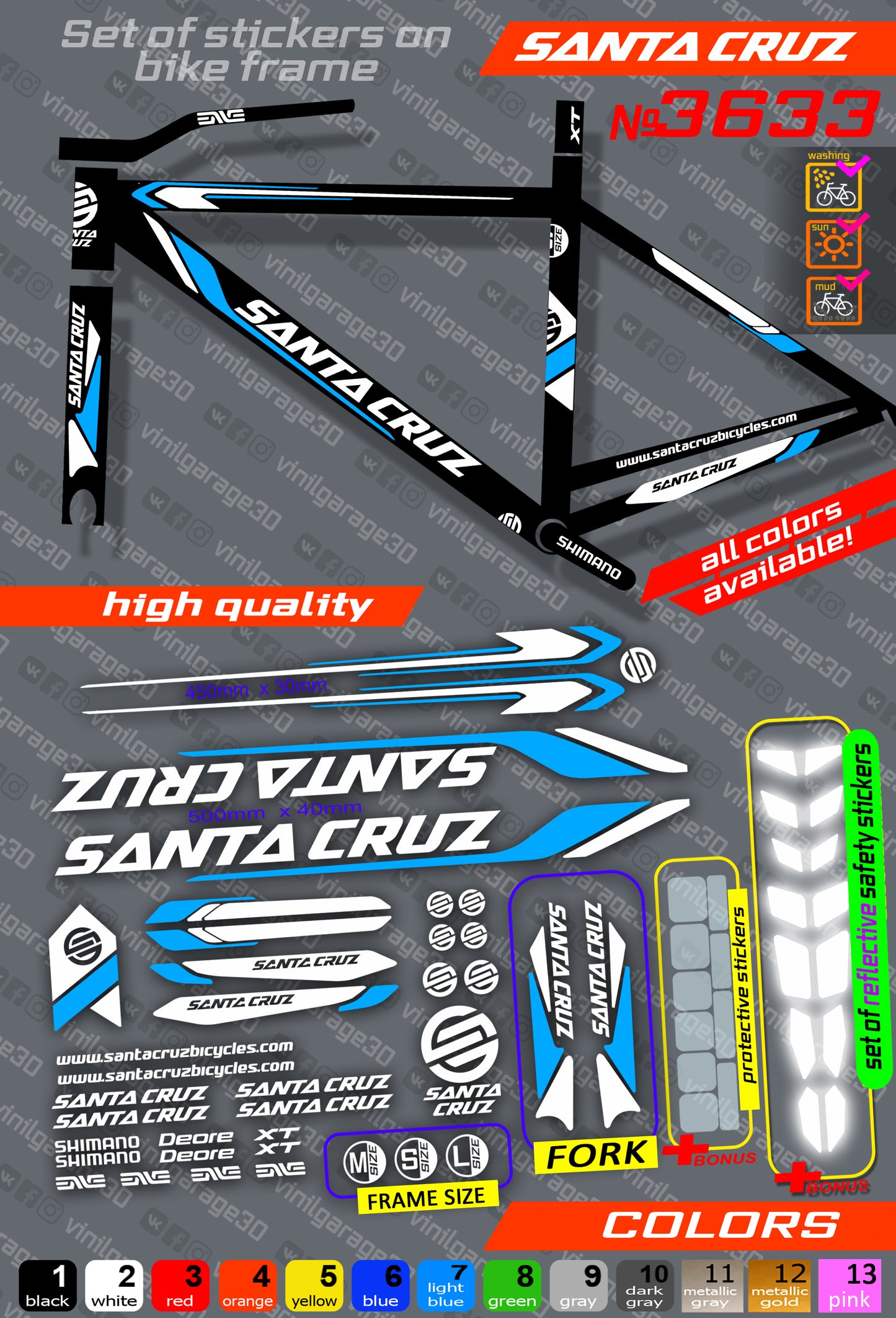 SANTA CRUZ bicycle stickers set +fork.  All colors are available