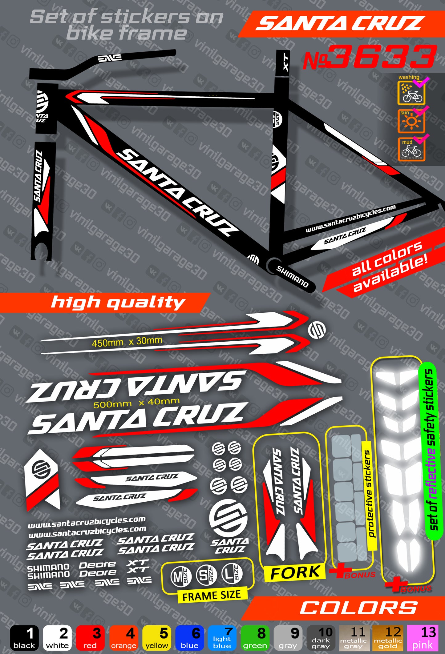 SANTA CRUZ bicycle stickers set +fork.  All colors are available