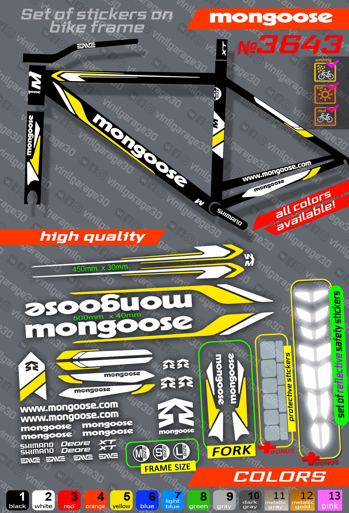 MONGOOSE bicycle stickers set +fork.  All colors are available