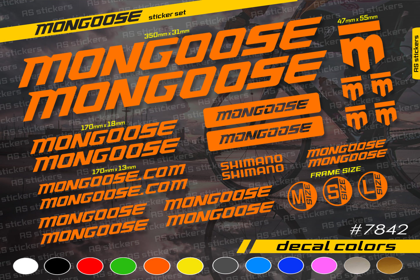 MONGOOSE bike stickers set +fork.  All colors are available