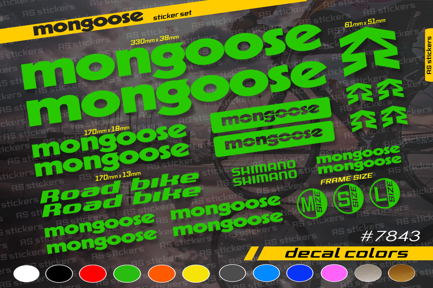 MONGOOSE bike stickers set +fork.  All colors are available