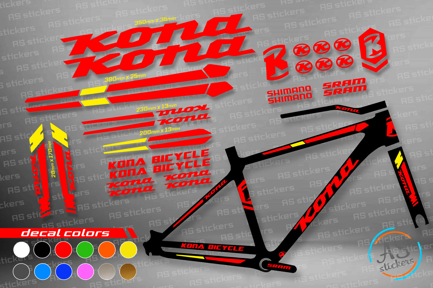 KONA bike stickers set +fork.  All colors are available