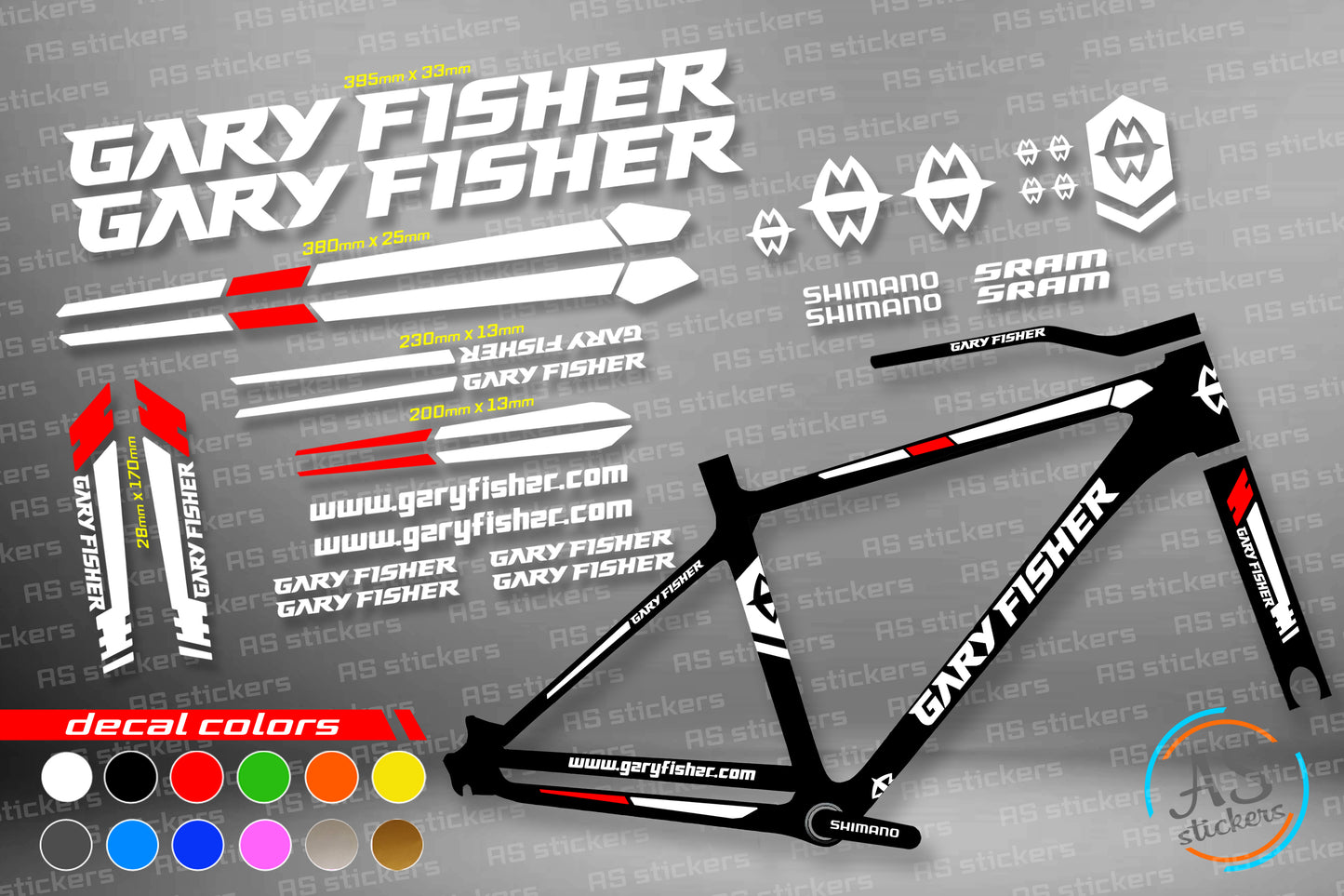 GARY FISHER bike stickers set +fork.  All colors are available