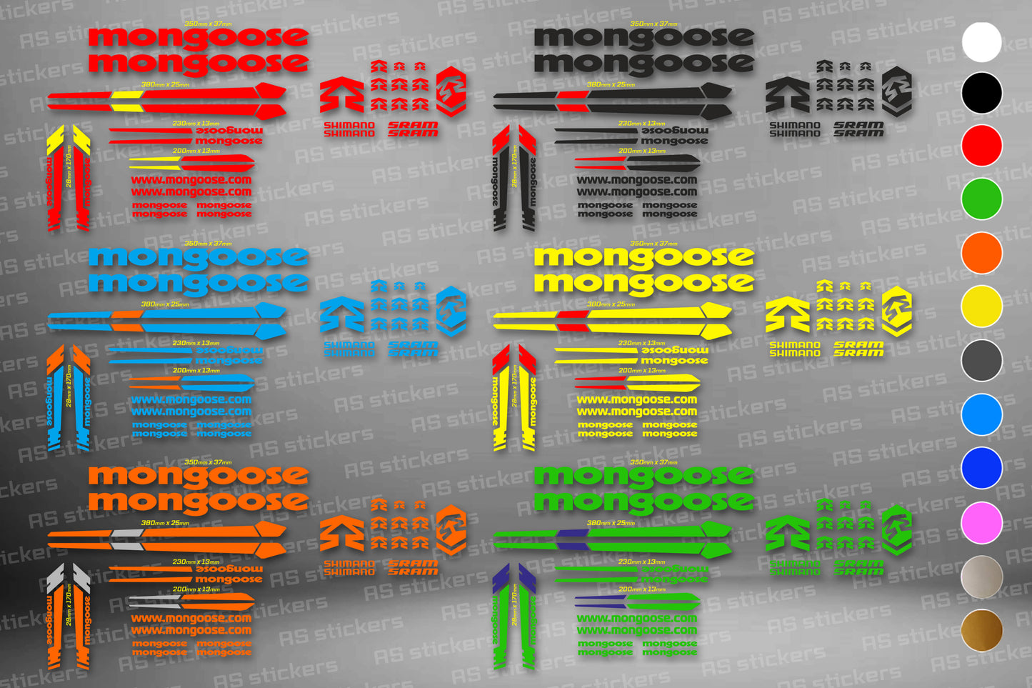 MONGOOSE bike stickers set +fork.  All colors are available