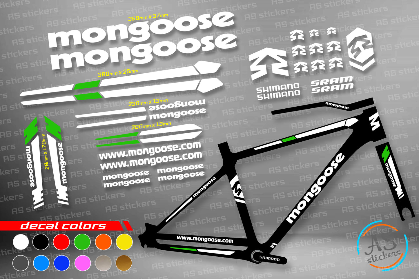 MONGOOSE bike stickers set +fork.  All colors are available