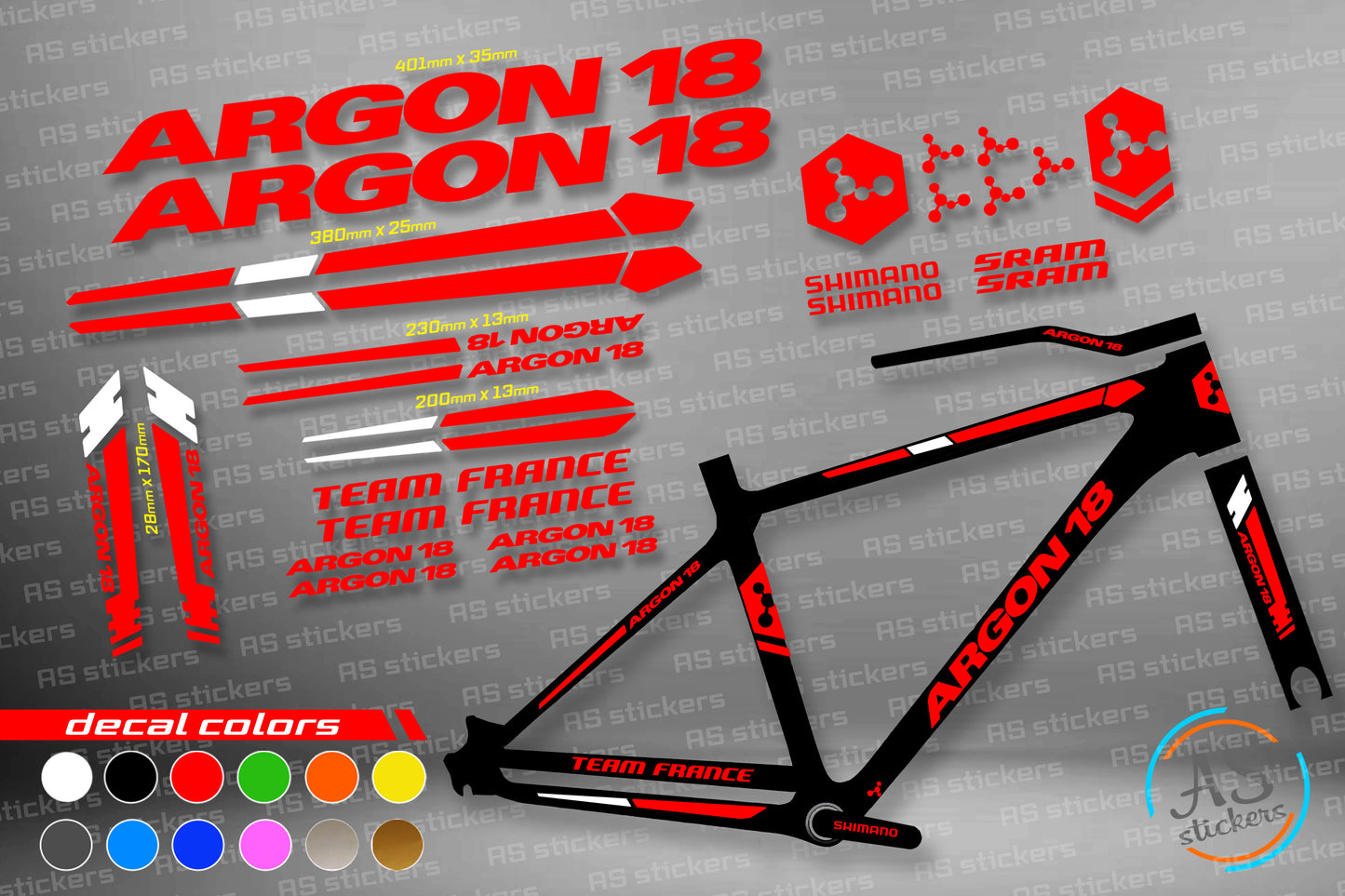 ARGON 18 bike stickers set +fork.  All colors are available