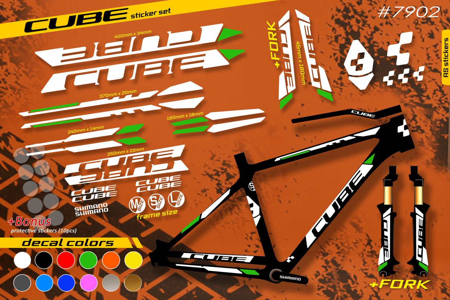 CUBE bike stickers set +fork.  All colors are available