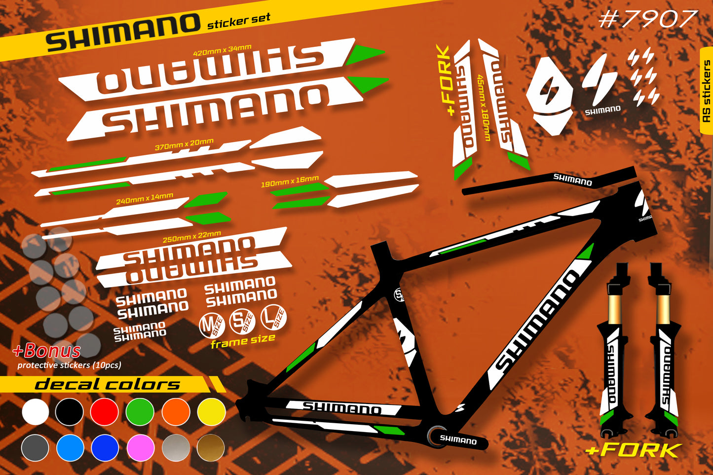 SHIMANO bike stickers set +fork.  All colors are available