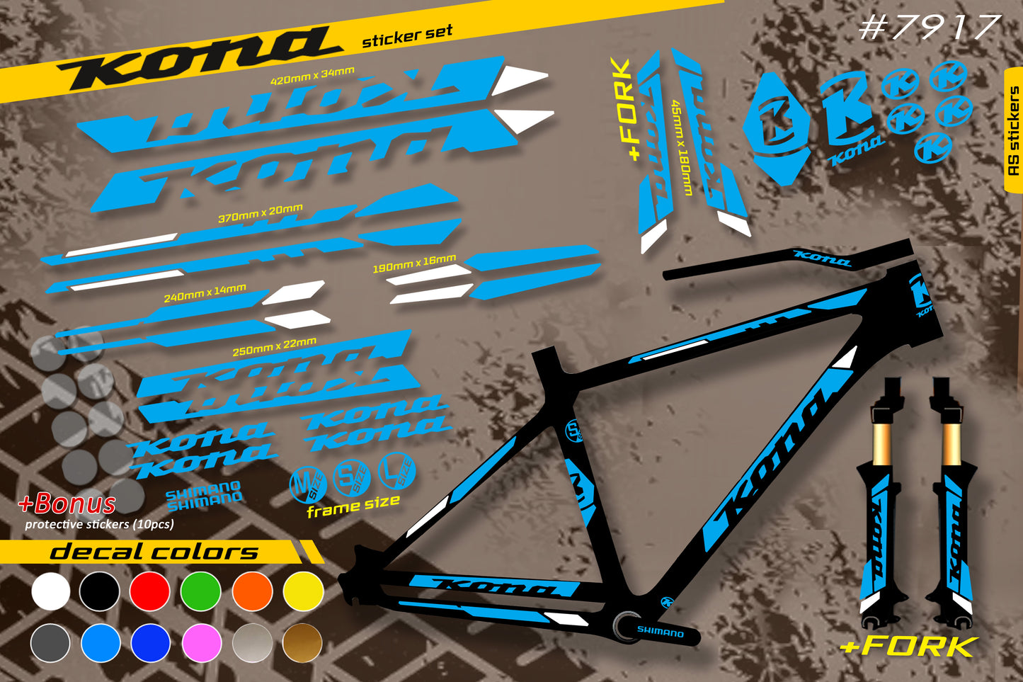 KONA bike stickers set +fork.  All colors are available