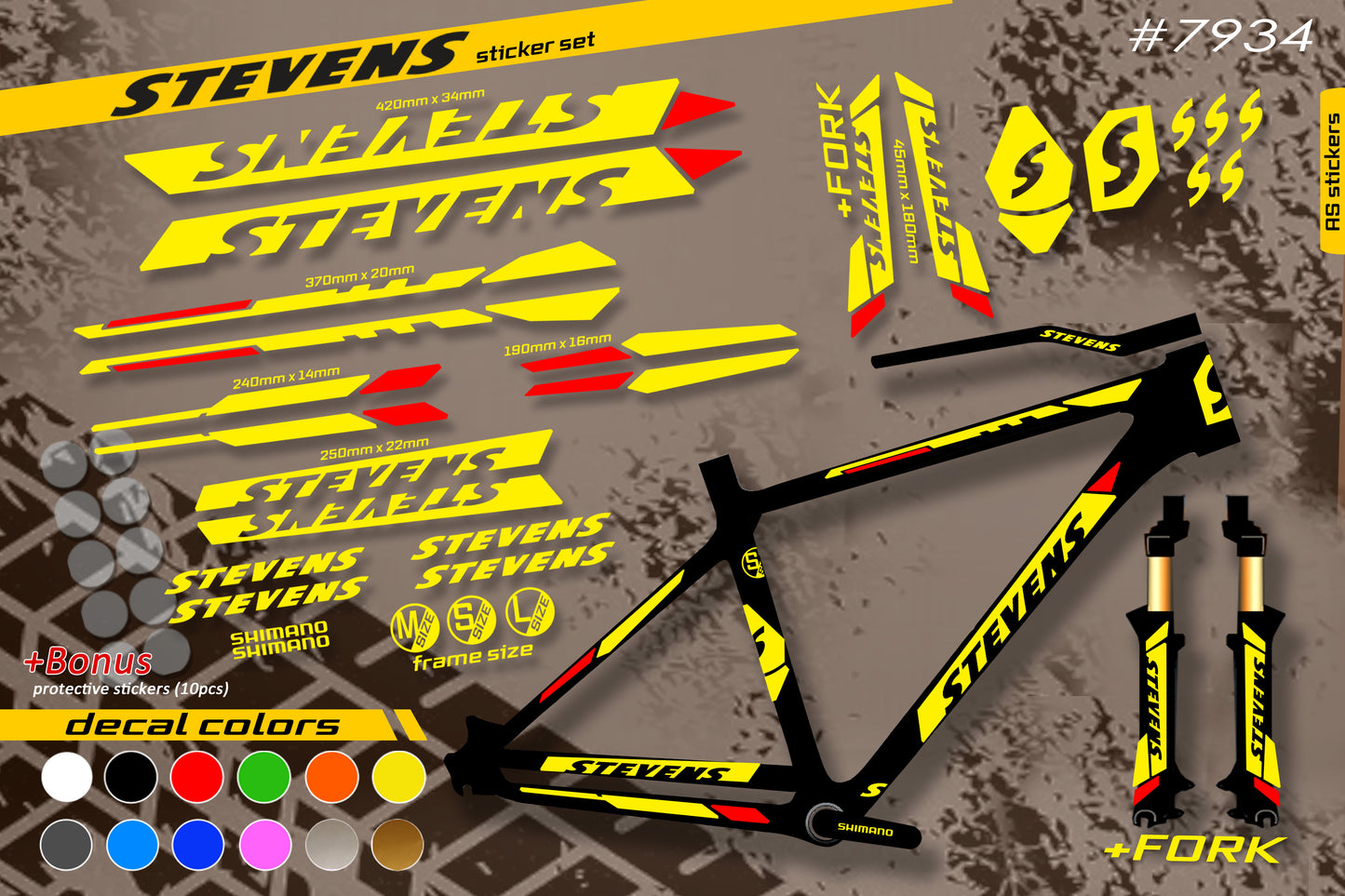 STEVENS bike stickers set +fork.  All colors are available