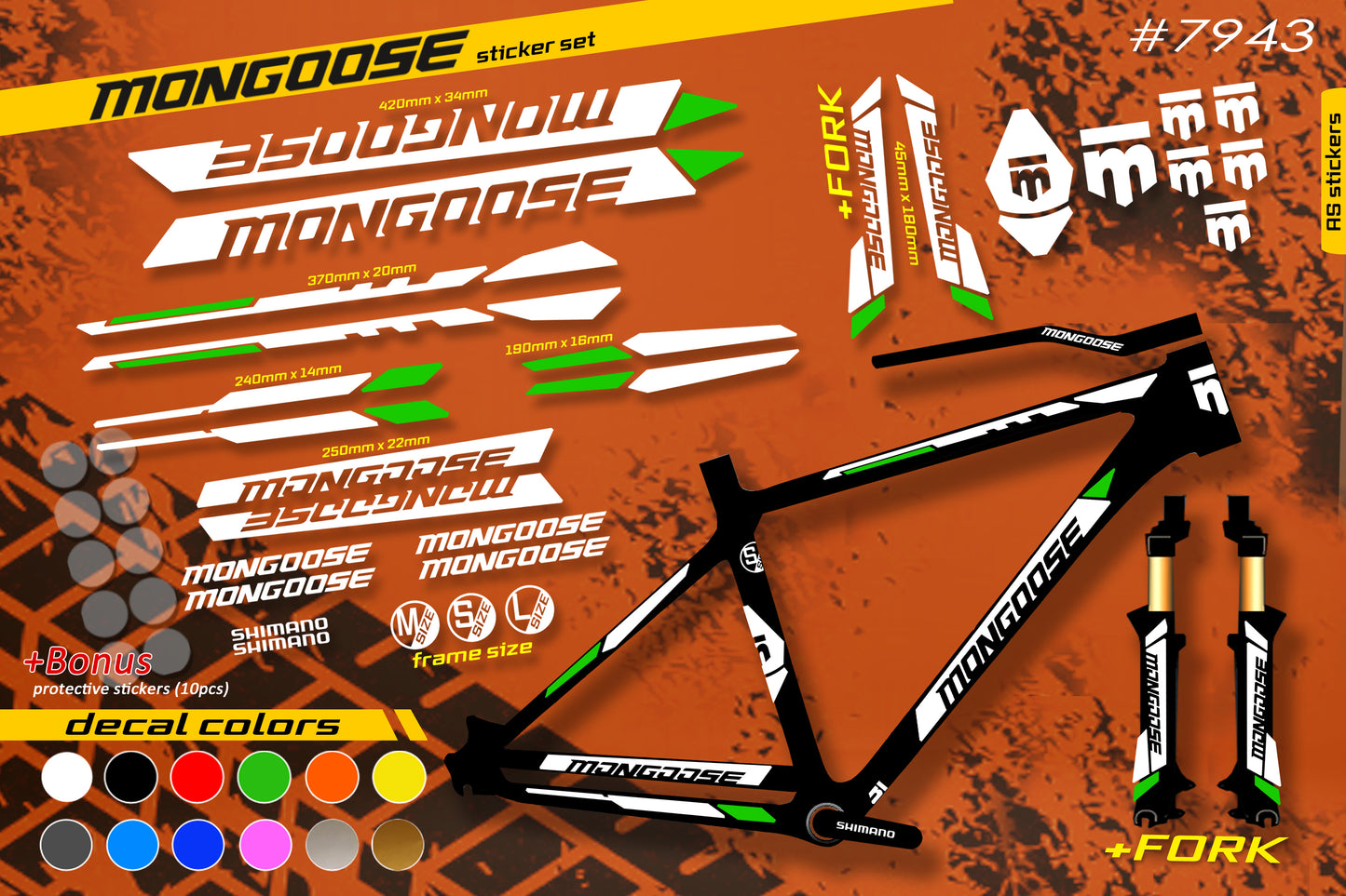 MONGOOSE bike stickers set +fork.  All colors are available