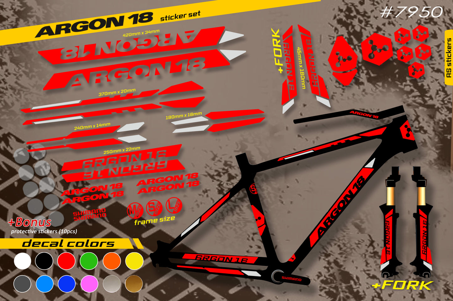 ARGON 18 bike stickers set +fork.  All colors are available