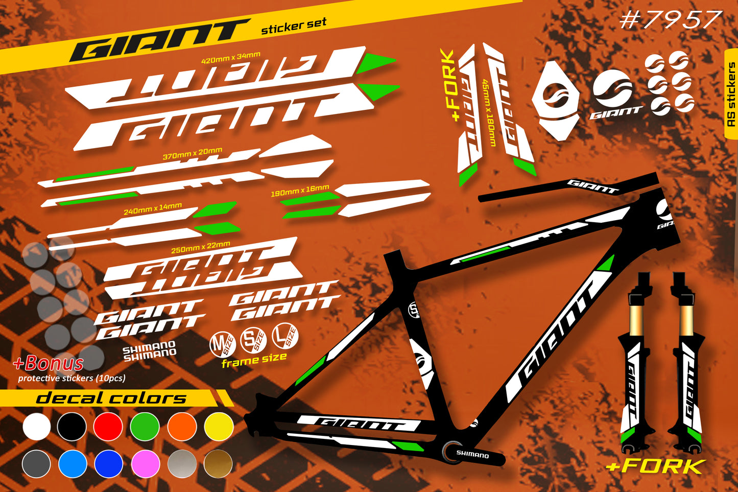 GIANT bike stickers set +fork.  All colors are available